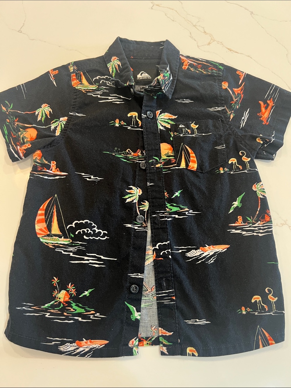 Quiksilver Black Short-Sleeve Sailboat & Tropical Print Boys Shirt-Sz 6